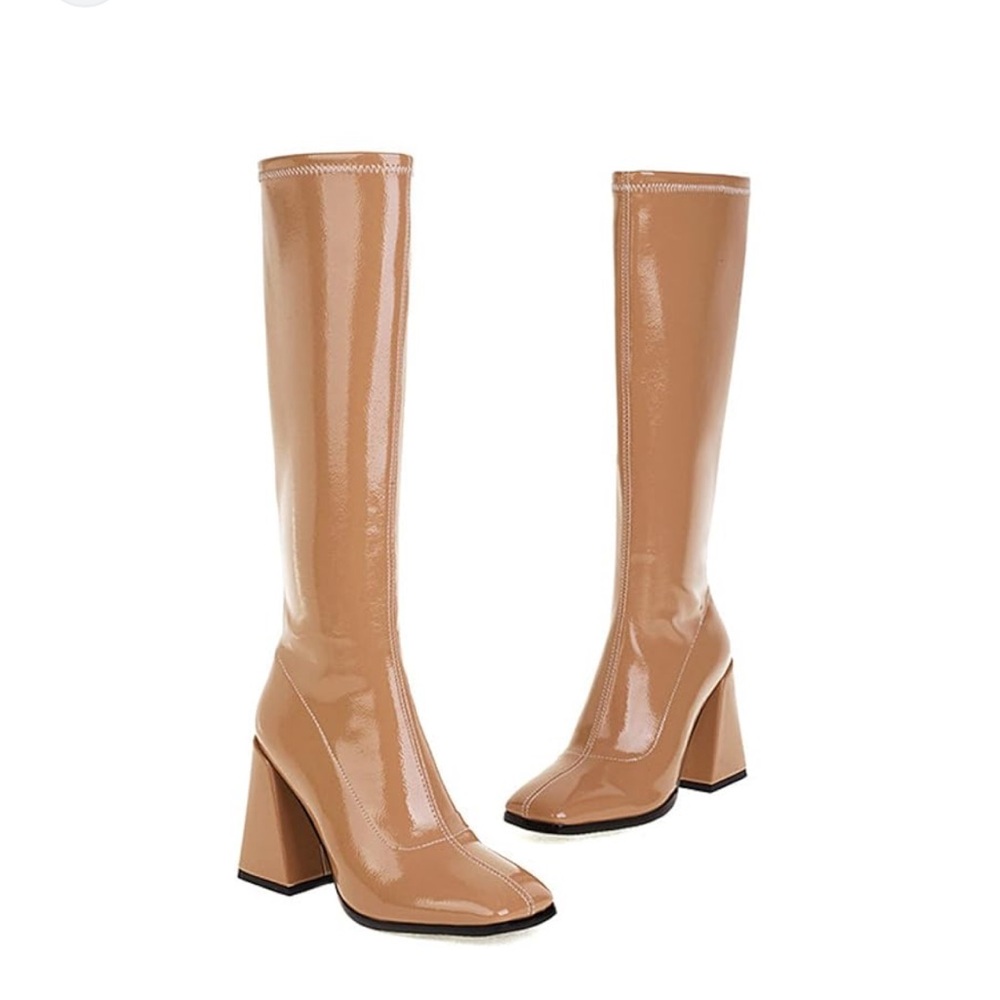 Liquid leather stacked tall Stylish Tan Women's Boots size 8